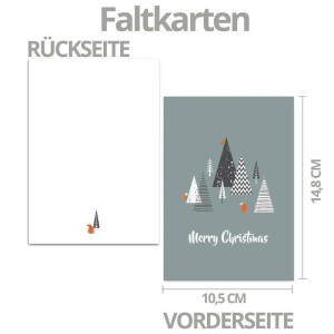 20x nachhaltiges Weihnachtskarten-Set DIN A6 in Blau mit Weihnachtsbäumen und Text - Faltkarten mit Umschlägen DIN C6 in Orange mit Nassklebung - Weihnachtsgrüße für Firmen und Privat