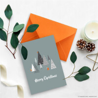 20x nachhaltiges Weihnachtskarten-Set DIN A6 in Blau mit Weihnachtsbäumen und Text - Faltkarten mit Umschlägen DIN C6 in Orange mit Nassklebung - Weihnachtsgrüße für Firmen und Privat