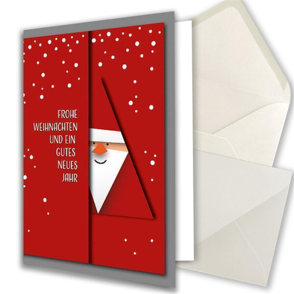 100 XL Weihnachtskarten-Set DIN A5 mit rotem Weihnachtsmann Motiv - Faltkarten mit passenden Umschlägen DIN C5 Naturweiß mit Nassklebung - Weihnachtsgrüße für Firmen und Privat