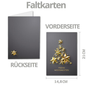 100 XL Weihnachtskarten-Set DIN A5 mit goldenem Weihnachtsbaum aus Sternen - Faltkarten mit passenden Umschlägen DIN C5 Hellgrau mit Nassklebung - Weihnachtsgrüße für Firmen und Privat