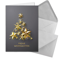 100 XL Weihnachtskarten-Set DIN A5 mit goldenem Weihnachtsbaum aus Sternen - Faltkarten mit passenden Umschlägen DIN C5 Hellgrau mit Nassklebung - Weihnachtsgrüße für Firmen und Privat