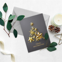 100 XL Weihnachtskarten-Set DIN A5 mit goldenem Weihnachtsbaum aus Sternen - Faltkarten mit passenden Umschlägen DIN C5 Hellgrau mit Nassklebung - Weihnachtsgrüße für Firmen und Privat