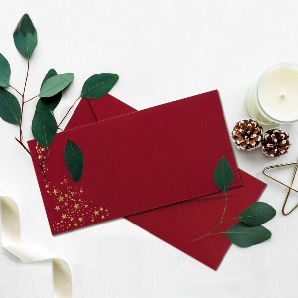 200x Briefumschläge mit Metallic Sternen - DIN Lang - Gold geprägter Sternenregen - Farbe: dunkelrot, Nassklebung, 120 g/m² - 110 x 220 mm - ideal für Weihnachten
