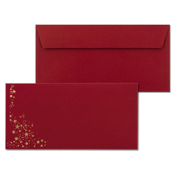 400x Briefumschläge mit Metallic Sternen - DIN Lang - Gold geprägter Sternenregen - Farbe: dunkelrot, Haftklebung, 120 g/m² - 110 x 220 mm - ideal für Weihnachten