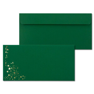 50x Briefumschläge mit Metallic Sternen - DIN Lang - Gold geprägter Sternenregen - Farbe: dunkelgrün, Haftklebung, 120 g/m² - 110 x 220 mm - ideal für Weihnachten