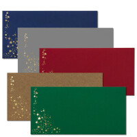 50x Briefumschläge mit Metallic Sternen - DIN Lang, Haftklebung - Mix Set 1, Umschläge in Rot, Grau, Grün, Blau und Kraftpapier - mit Sternen in Gold