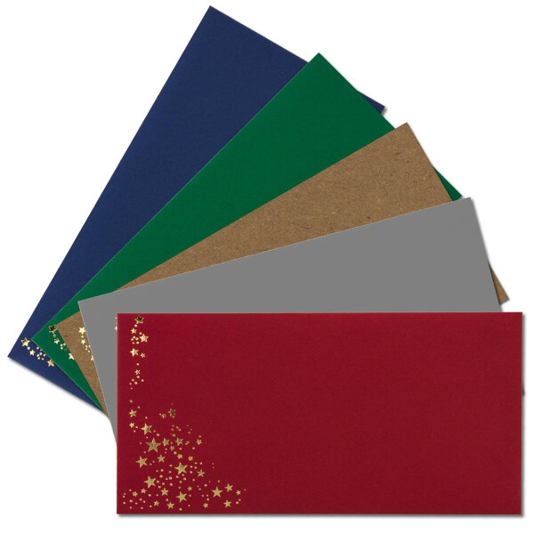 100x Briefumschläge mit Metallic Sternen - DIN Lang, Haftklebung - Mix Set 1, Umschläge in Rot, Grau, Grün, Blau und Kraftpapier - mit Sternen in Gold