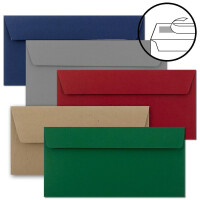 100x Briefumschläge mit Metallic Sternen - DIN Lang, Haftklebung - Mix Set 1, Umschläge in Rot, Grau, Grün, Blau und Kraftpapier - mit Sternen in Gold