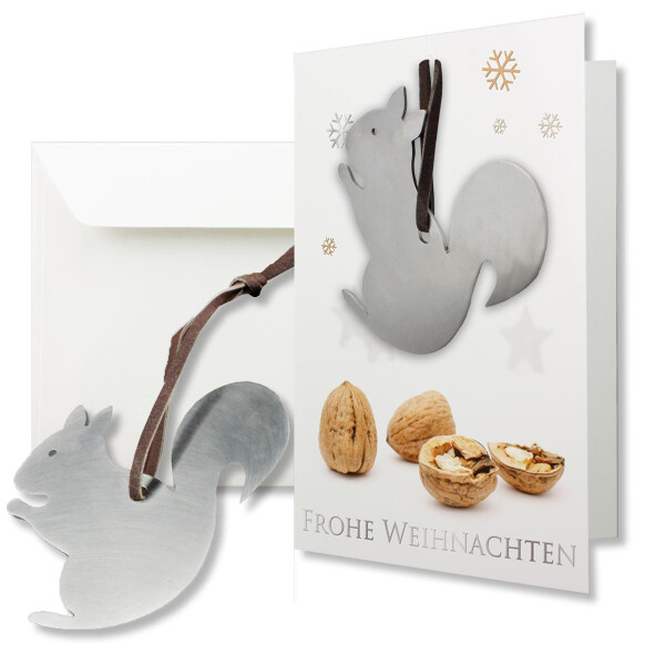 10x Grußkarten Doppelkarten mit echtem Edelstahl-Nussknacker Form Eichhörnchen und Lederband inklusive Umschlägen in Naturweiß Format DIN B6