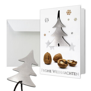 Grußkarte Doppelkarte mit echtem Edelstahl-Nussknacker Form Baum und Lederband inklusive Umschlag in Naturweiß Format DIN B6