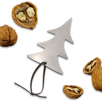 Grußkarte Doppelkarte mit echtem Edelstahl-Nussknacker Form Baum und Lederband inklusive Umschlag in Naturweiß Format DIN B6