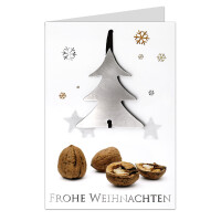 Grußkarte Doppelkarte mit echtem Edelstahl-Nussknacker Form Baum und Lederband inklusive Umschlag in Naturweiß Format DIN B6