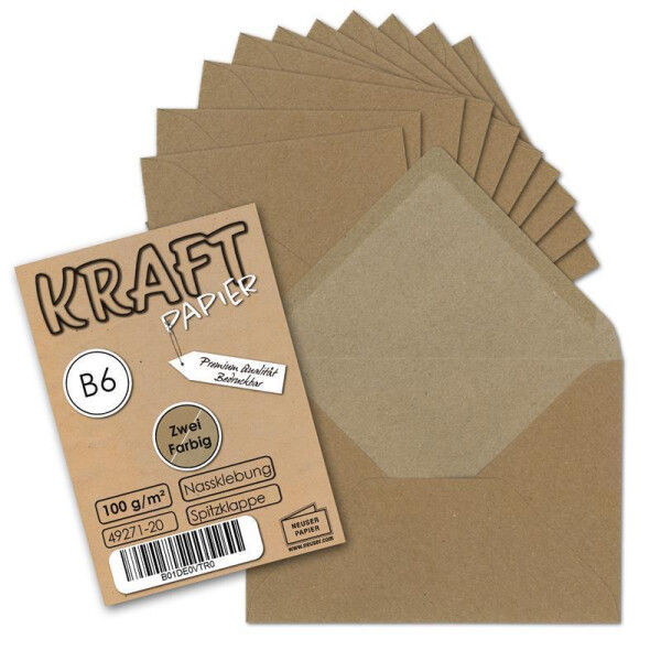 100x Vintage-Umschläge DIN B6 125 x 176 mm Kraftpapier 100 g/m² braun Recycling Brief-Umschläge Nassklebung - UmWelt by GUSTAV NEUSER
