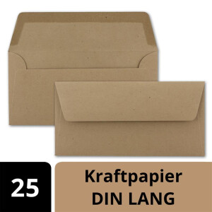 25x Kraftpapier Umschläge DIN Lang - Braun ÖKO - Nassklebung 11 x 22 cm - 120 g/m² breite Verschluss-Lasche - Recycling Papier - von NEUSER PAPIER