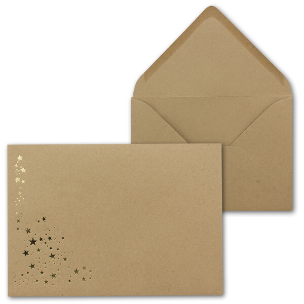 25x Weihnachts-Briefumschläge -DIN B6 - mit Gold-Metallic geprägtem Sternenregen -Farbe: Sandbraun Kraftpapier, Nassklebung, 120 g/m² - 175 x 125 mm - Marke: GUSTAV NEUSER