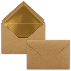 25x - Brief-Umschläge B6 mit Gold Innenfutter - 12,5 x 17,6 cm  - Kraft-Papier braun Recycling Nassklebung - Vintage - UmWelt by GUSTAV NEUSER