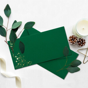 25x Briefumschläge mit Metallic Sternen - DIN Lang - Gold geprägter Sternenregen - Farbe: dunkelgrün, Nassklebung, 120 g/m² - 110 x 220 mm - ideal für Weihnachten