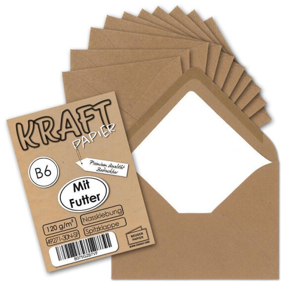25x gefütterte Vintage-Umschläge DIN B6 125 x 178 mm Kraftpapier 120 g/m² braun Recycling Nassklebung Spitzklappe - UmWelt by GUSTAV NEUSER