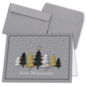 50x Weihnachtskarten-Set DIN A6 in Grau mit Weihnachtsbäumen in Scratch-Optik - Faltkarten mit passenden Umschlägen - Weihnachtsgrüße für Firmen und Privat