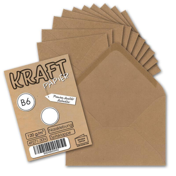 200x Vintage-Umschläge DIN B6 125 x 178 mm Kraftpapier 120 g/m² braun Recycling Brief-Umschläge Nassklebung Spitzklappe - UmWelt by GUSTAV NEUSER