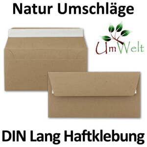 250x Kraftpapier Umschläge DIN Lang - Braun ÖKO - Haftklebung selbstklebend 11 x 22 cm - 120 g/m² Briefumschläge ohne Fenster aus Recycling Papier - von NEUSER PAPIER