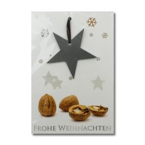10x Grußkarten Doppelkarten mit echtem Edelstahl-Nussknacker Form Stern und Lederband inklusive Umschlägen in Naturweiß Format DIN B6