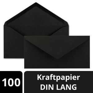 100x Kraftpapier Umschläge DIN Lang - Schwarz ÖKO - Nassklebung 11 x 22 cm - 120 g/m² Spitzklappe - Vintage Kuverts - von NEUSER PAPIER