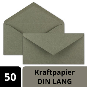 50x Kraftpapier Umschläge DIN Lang - Grau ÖKO - Nassklebung 11 x 22 cm - 120 g/m² Spitzklappe - Vintage Kuverts - von NEUSER PAPIER
