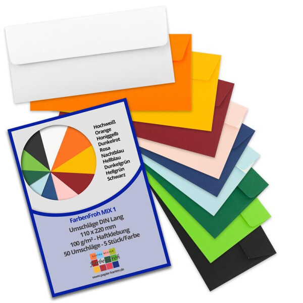 50 Brief-Umschläge DIN Lang - Farbenmix-Paket 1 - 100 g/m² - 11 x 22 cm - sehr formstabil - Haftklebung - Qualitätsmarke: FarbenFroh by GUSTAV NEUSER