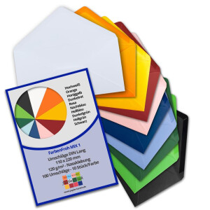 100 Brief-Umschläge Farbenmix-Paket 1 DIN Lang - 110 x 220 mm (11 x 22 cm) - Nassklebung ohne Fenster - Ideal für Einladungs-Karten - Serie FarbenFroh