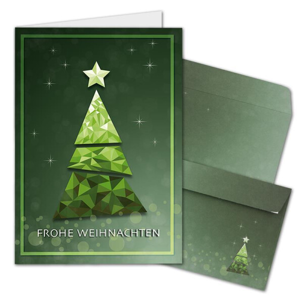20x Weihnachtskarten-Set DIN A6 mit grünem Weihnachtsbaum in Glasmosaik-Optik - Faltkarten mit passenden Umschlägen DIN C6 in Grün - Weihnachtsgrüße für Firmen und Privat