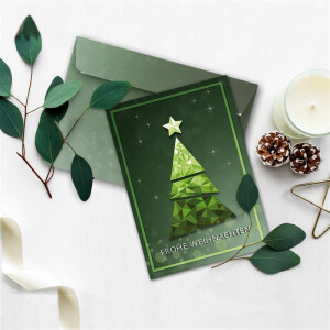 20x Weihnachtskarten-Set DIN A6 mit grünem Weihnachtsbaum in Glasmosaik-Optik - Faltkarten mit passenden Umschlägen DIN C6 in Grün - Weihnachtsgrüße für Firmen und Privat