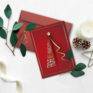 20x Weihnachtskarten-Set DIN A6 in Rot mit goldenem Weihnachtsbaum - Faltkarten mit passenden Umschlägen - Modern - Weihnachtsgrüße für Firmen und Privat