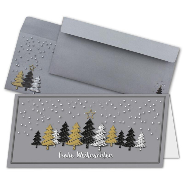20x Weihnachtskarten-Set DIN Lang in Grau mit Weihnachtsbäumen in Scratch-Optik - Faltkarten mit passenden Umschlägen DIN Lang - Weihnachtsgrüße für Firmen und Privat