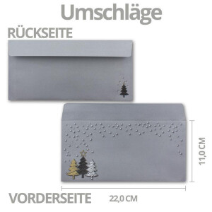 20x Weihnachtskarten-Set DIN Lang in Grau mit Weihnachtsbäumen in Scratch-Optik - Faltkarten mit passenden Umschlägen DIN Lang - Weihnachtsgrüße für Firmen und Privat