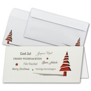 10x Weihnachtskarten-Set DIN Lang in Creme mit roten Tannenbäumen und Text - Faltkarten mit passenden Umschlägen DIN Lang - Weihnachtsgrüße für Firmen und Privat