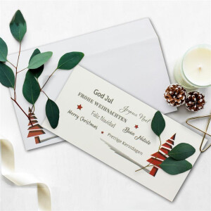 50x Weihnachtskarten-Set DIN Lang in Creme mit roten Tannenbäumen und Text - Faltkarten mit passenden Umschlägen DIN Lang - Weihnachtsgrüße für Firmen und Privat