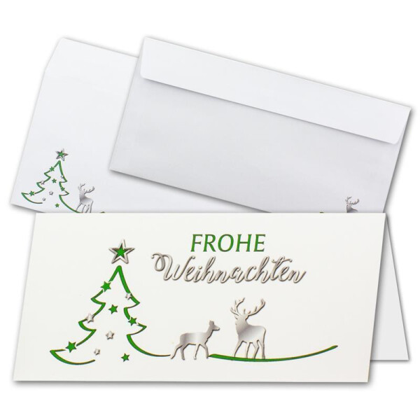 20x Weihnachtskarten-Set DIN Lang in Weiß mit grünem Tannenbaum und Rentier - Faltkarten mit passenden Umschlägen DIN Lang - Weihnachtsgrüße für Firmen und Privat