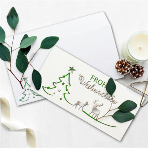 20x Weihnachtskarten-Set DIN Lang in Weiß mit grünem Tannenbaum und Rentier - Faltkarten mit passenden Umschlägen DIN Lang - Weihnachtsgrüße für Firmen und Privat