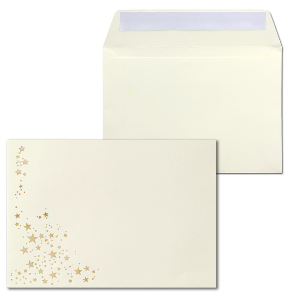 25x Weihnachts-Briefumschläge - DIN B6 - mit Gold-Metallic geprägtem Sternenregen - Farbe: Creme - Haftklebung, 100 g/m² - 120 x 180 mm - Marke: GUSTAV NEUSER