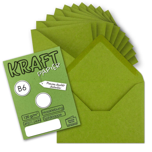 25x Vintage Briefumschläge in hellgrün (grün) DIN B6 125 x 178 mm Kraftpapier 120 g/m² Recycling Nassklebung Spitzklappe - UmWelt by GUSTAV NEUSER